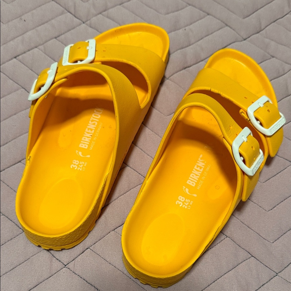 Birkenstock Bright Yellow Slides with White Buckles 7